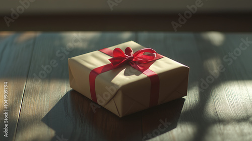 A beautifully wrapped gift box with a red ribbon sits on a wooden surface, illuminated by soft sunlight