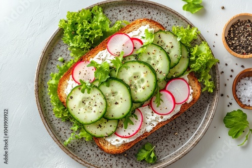 Fresh cucumber and radish open faced sandwich with greens on a light plate at...