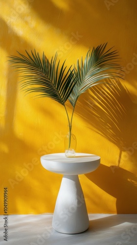 A white bowl resting on a wooden surface with green plants and bright yellow ...