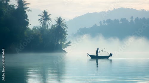 Fisherman Casting Nets in the Early Morning Mist over Tranquil Waterway