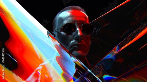 Abstract Portrait of a Man with Bold Neon Reflections and Vibrant Colors in a Futuristic Light Display photo