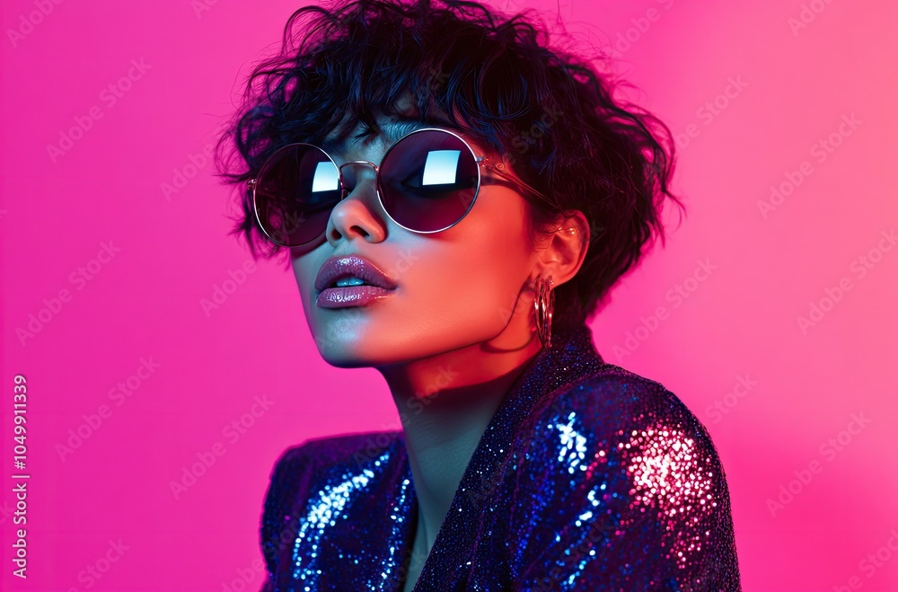 Minimalistic portrait of an extremely beautiful woman wearing neon blue round glasses, earrings, and a black sequin suit in a purple room with pink lighting Minimalistic portrait of an extremely beautiful woman wearing neon blue round glasses, earrings, and a black sequin suit in a purple room with pink lighting