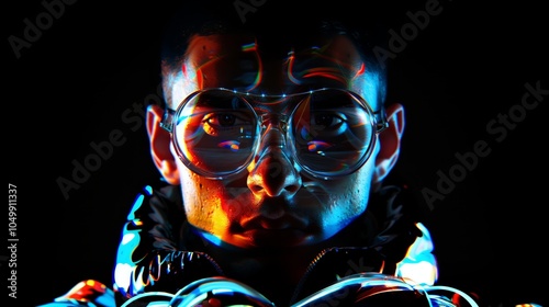 Futuristic Portrait of a Man with Illuminated Glasses in a Vibrant, Neon-Colored Light Effect on a Dark Background photo