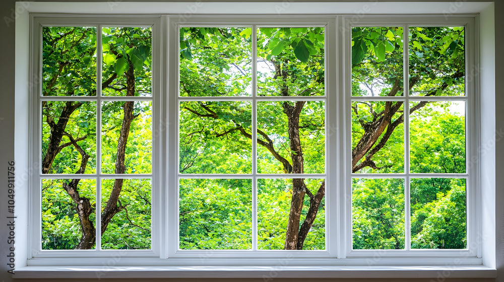 View from the Window of Green Tree Branches, white, frame, panes, glass, leaves View from the Window of Green Tree Branches, white, frame, panes, glass, leaves
