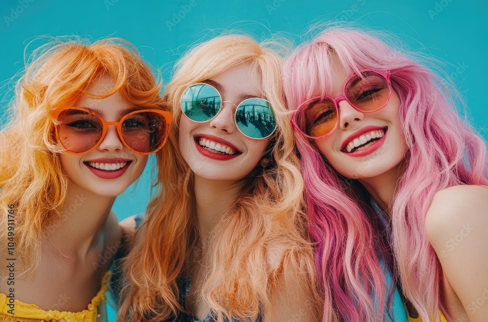 A group of four young women with colorful hair, smiling and wearing sunglasses against a blue background. A group of four young women with colorful hair, smiling and wearing sunglasses against a blue background.