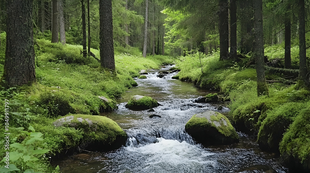Fototapeta premium Tranquil Forest Stream, creek, river, water, trees, green