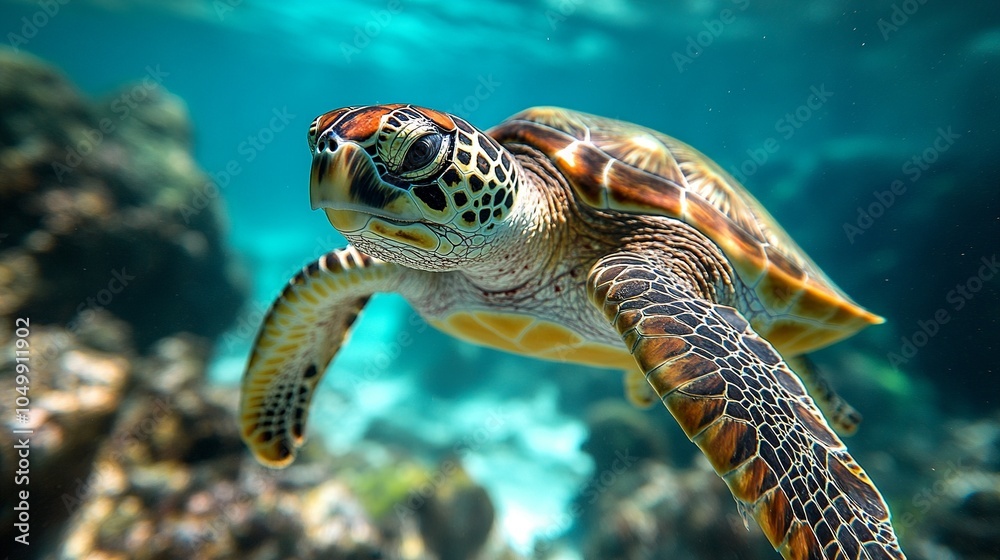 Obraz premium A green sea turtle under the ocean waters