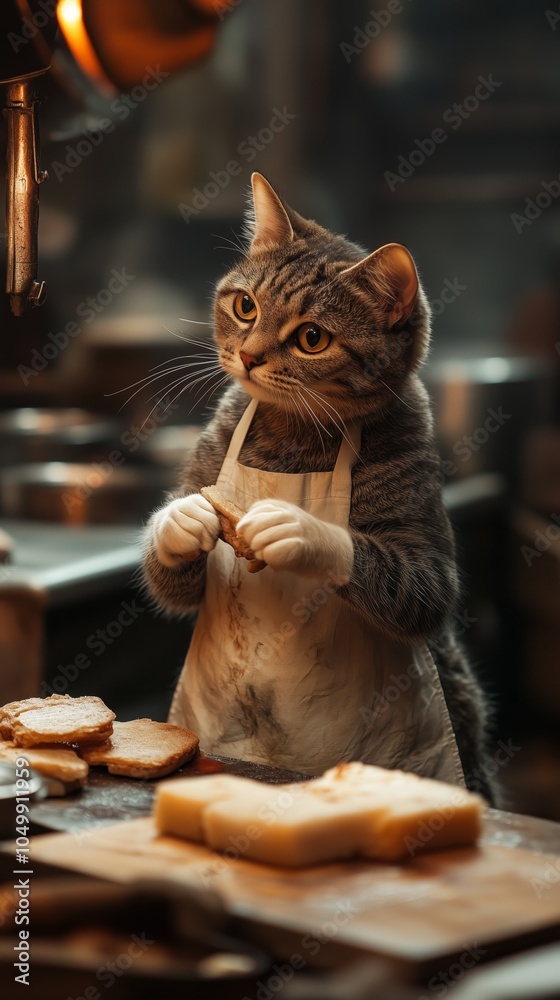 Cute Tabby Cat Chef Making Sandwiches in Rustic Kitchen Cute Tabby Cat Chef Making Sandwiches in Rustic Kitchen