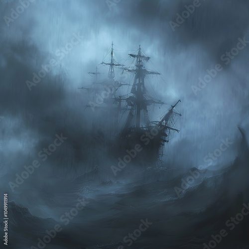 Eerie Digital Art of a Ghost Ship Sailing Through the Mist for Halloween