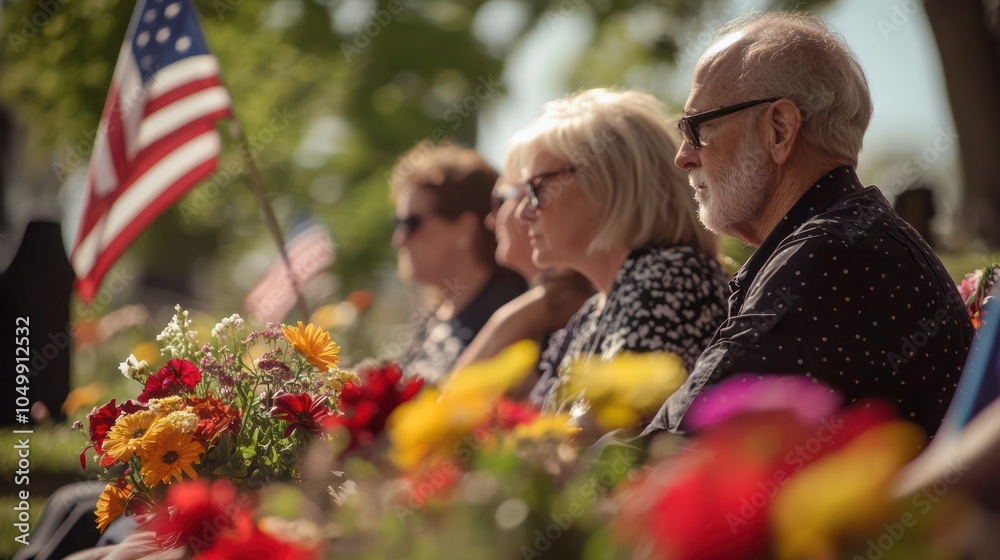 Obraz premium A group of people participating in a Memorial Day ceremony at a cemetery, honoring fallen soldiers with flowers and flags