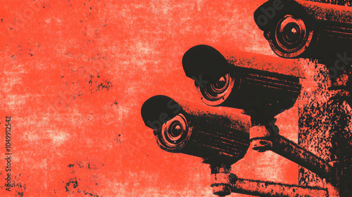 Security Cameras on a Red Wall, surveillance, CCTV, grunge, texture, security system