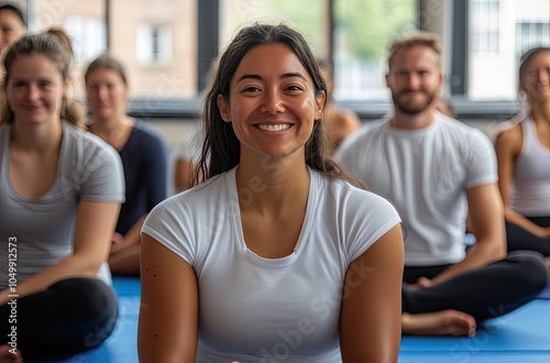 A group of people in a yoga class, smiling and sitting on blue mats, performing the lotus pose with their hands together