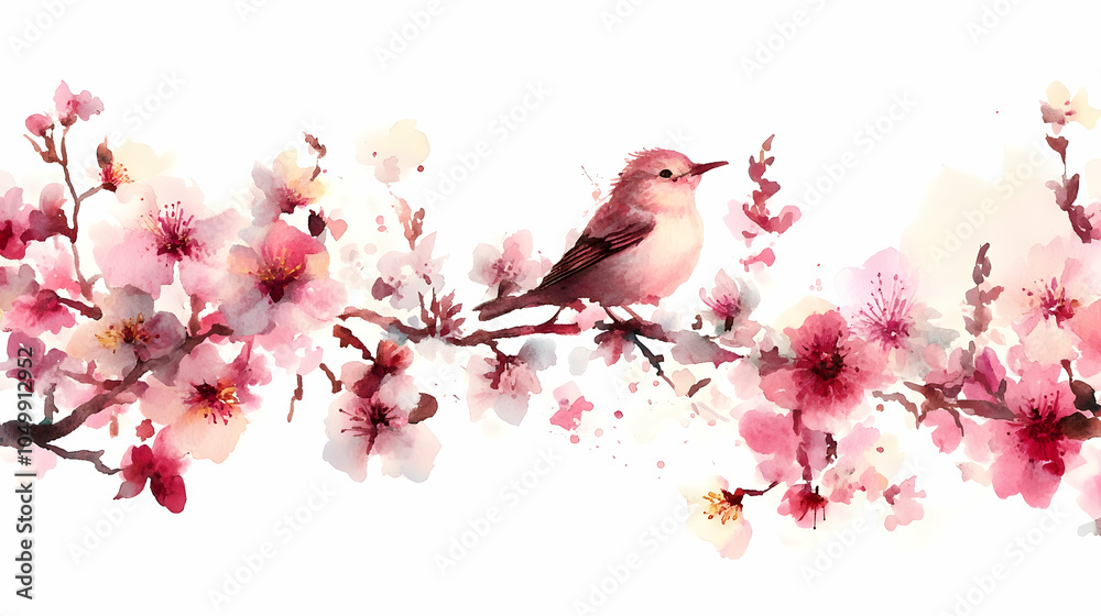 Fototapeta premium Watercolor Bird Perched on Spring Blossom Branch, painting, cherry blossom, flower, pink, nature