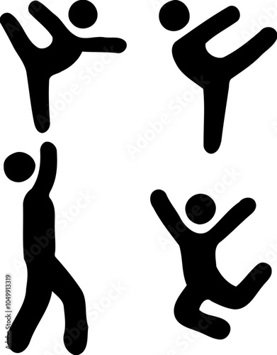 Silhouettes of people dancing and posing, dance moves and active lifestyle icon set
