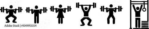 Silhouettes of people lifting weights, strength training and fitness exercise icons, weightlifting illustrations