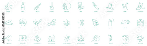 Comprehensive Collection of Cannabis and CBD Vector Icons Featuring Oils, Edibles, and More