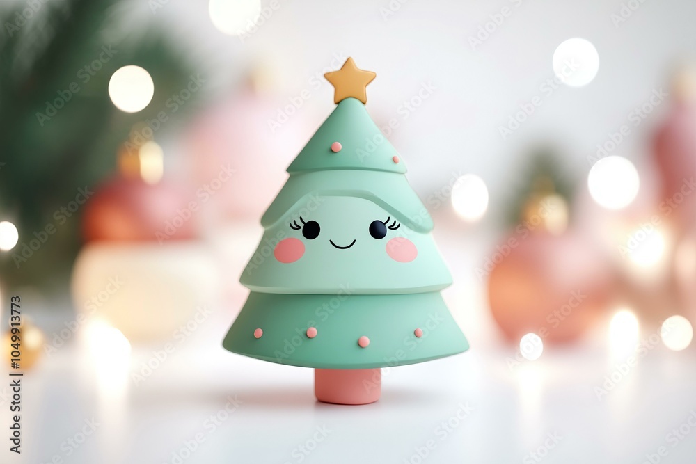 Cute kawaii 3D Christmas tree with smiling face and blurred lights in background Cute kawaii 3D Christmas tree with smiling face and blurred lights in background