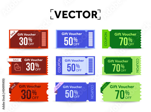 Pack of coupons with different color, shopping icon, barcode and shape, coupon code. Coupon set isolated on white background. Voucher template for special promotion. Vector illustration. Vector