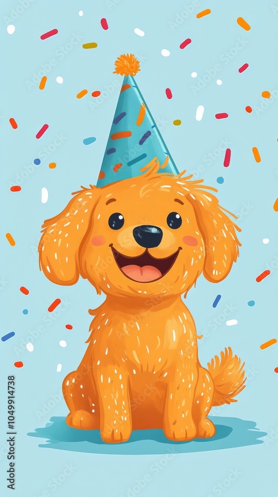 Fototapeta premium Happy golden retriever wearing a party hat and surrounded by colorful confetti indoors