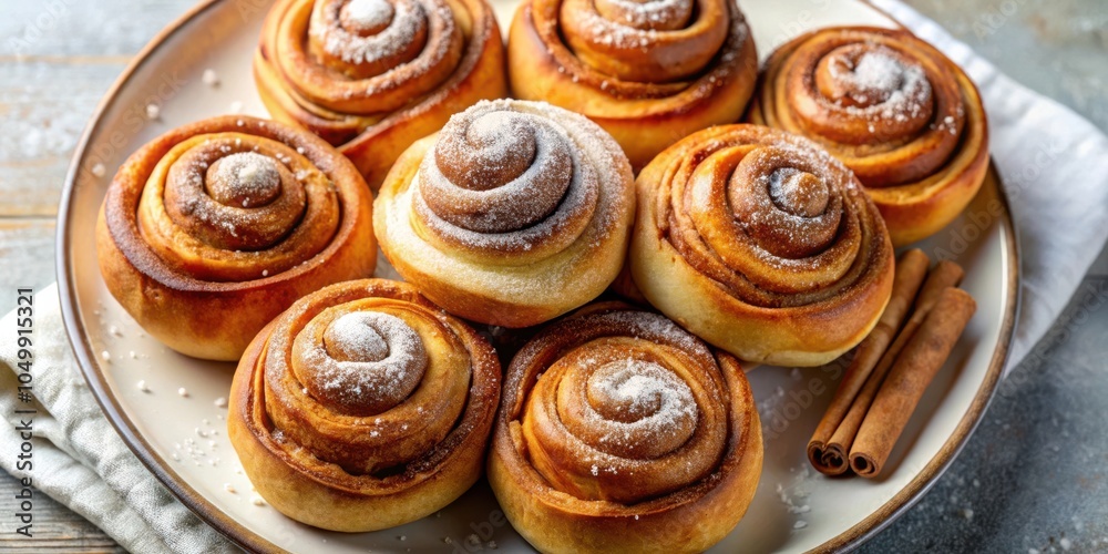Fototapeta premium A plate of freshly baked cinnamon rolls dusted with powdered sugar and accompanied by cinnamon sticks.