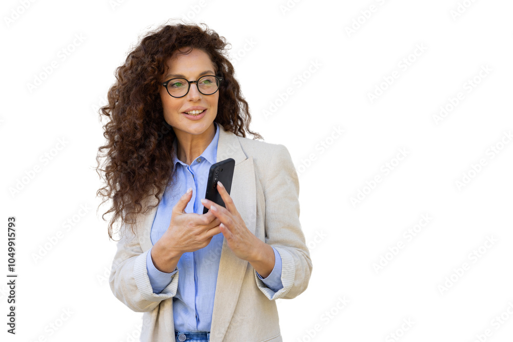 Focused Latina professional holding her smartphone and smiling Focused Latina professional holding her smartphone and smiling