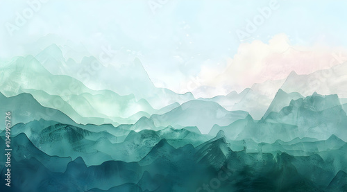 Abstract watercolor painting of blue, green, and pink colors, with a beautiful background featuring light white brush strokes