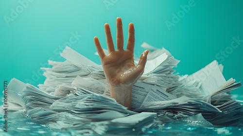 Hand Reaching Out from a Pile of Papers in Water