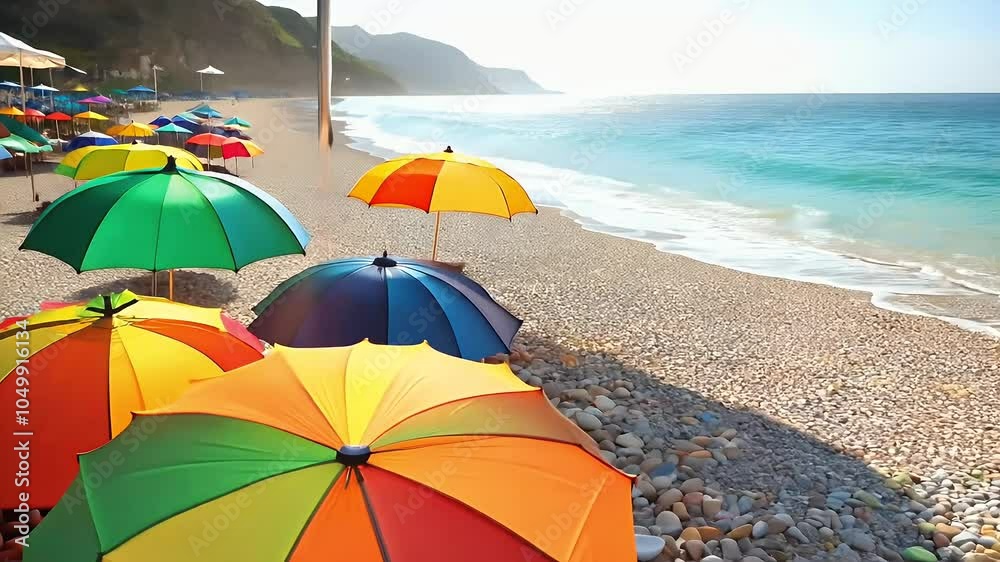 captivating vertical 4K video captures vibrant hues multicolored umbrellas bright orange green stripes adorning pebble beach Batumi evoking essence Georgian summer vacation sea tropical seascape