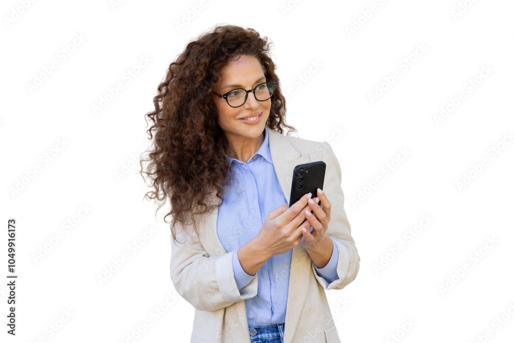 Focused Latina professional holding her smartphone and smiling Focused Latina professional holding her smartphone and smiling