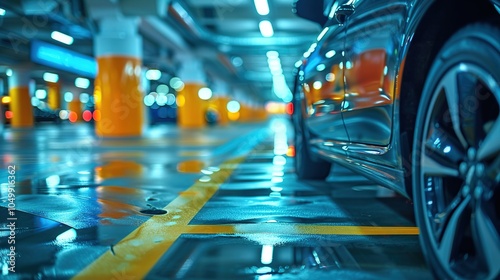 A car parked in an underground parking garage, with a wet floor and bright fluorescent lights.