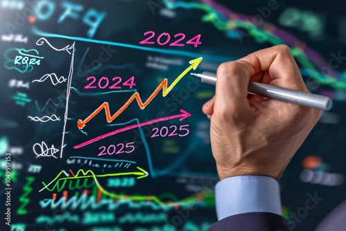 Businessman plans for corporate growth by drawing an upward arrow graph from 2024 to 2025 during strategic future forecasting