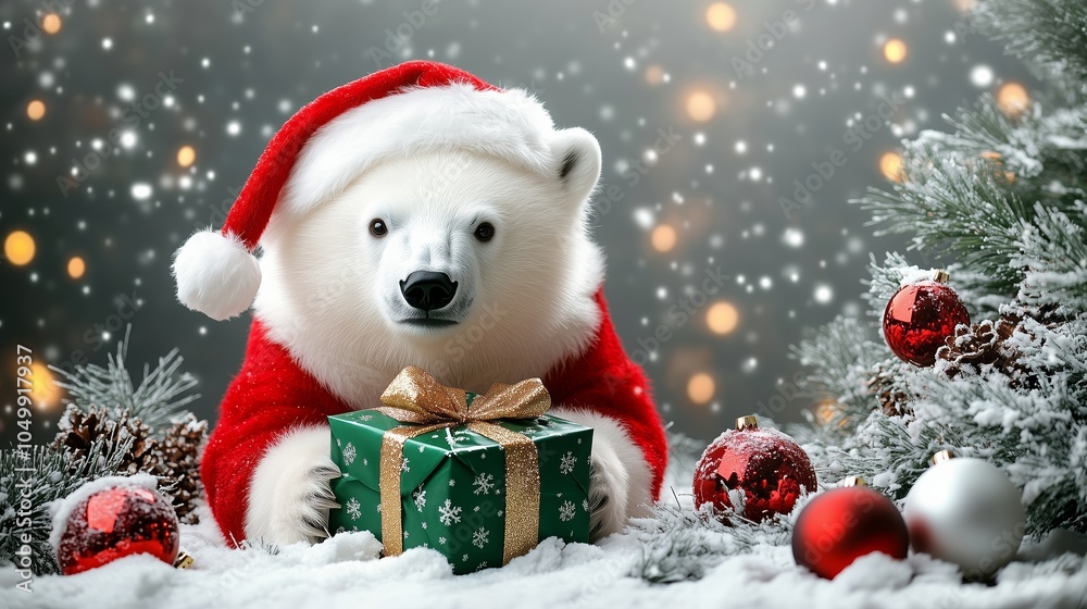 A cute polar bear dressed in a festive Santa Claus outfit holds a beautifully wrapped green Christmas gift with a golden bow. A cute polar bear dressed in a festive Santa Claus outfit holds a beautifully wrapped green Christmas gift with a golden bow.