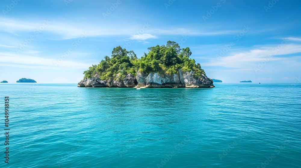 Naklejka premium Captivating Tropical Island Amid Turquoise Waters Ideal for Boat Trips and Snorkeling Excursions