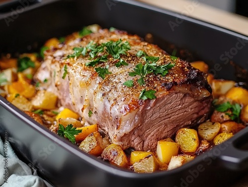 Warm and inviting closeup of a golden christmas roast surrounded by flavorful vegetables in ambient light