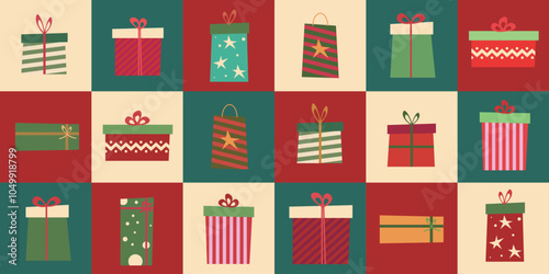 A festive Christmas layout featuring gift boxes, ornaments, and holiday decorations, perfect for seasonal greeting cards or holiday designs.
