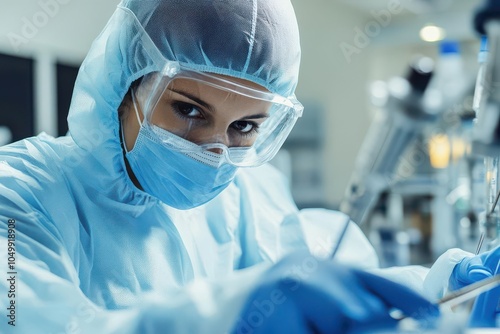 Lab technician in protective gear handling advanced geneediting tools in a biotechnology lab