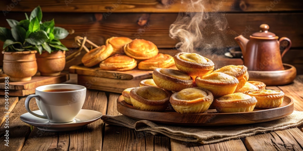 Fototapeta premium A steaming pile of freshly baked pastries on a wooden platter, a warm cup of tea, and a rustic wooden background create a comforting and inviting scene.