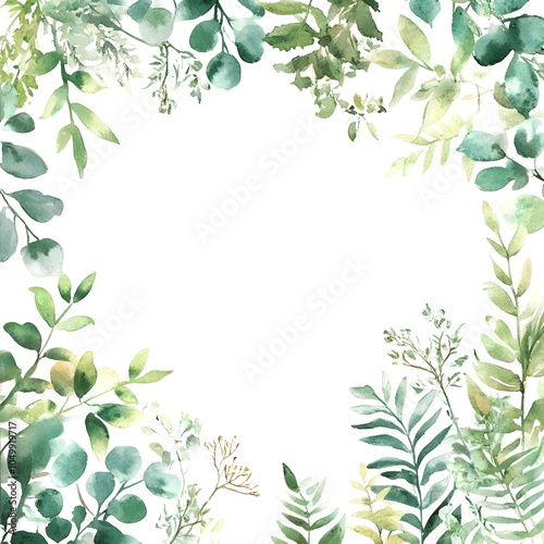 Green Watercolor Fern Leaves Greenery frame