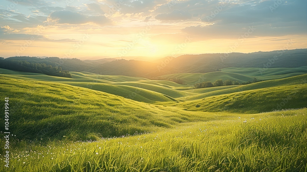 Fototapeta premium Grassy field in the a rolling hills countryside, sunrise.