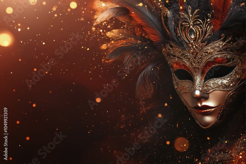 A dazzling masquerade mask adorned with feathers and glitter against a warm, sparkling background photo