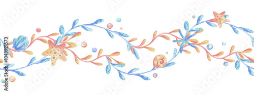 Sea corals, algae, shells, starfish, fish, bubbles. Watercolor illustration hand drawn in coral, turquoise and blue colors. Seamless board isolated from background