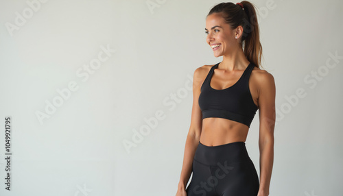 Wallpaper Mural A young woman with long brown hair tied up in a ponytail is looking to the side and smiling. She is wearing a black sports bra and black leggings. The background is a white wall. Torontodigital.ca