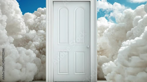 Mysterious white door surrounded by fluffy clouds under a bright blue sky