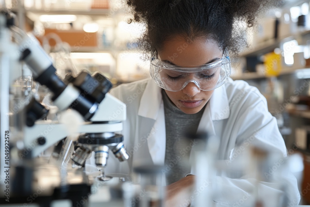 A dedicated scientist intensely studies samples using a microscope in a modern lab, wearing protective eyewear, demonstrating concentration and scientific inquiry. A dedicated scientist intensely studies samples using a microscope in a modern lab, wearing protective eyewear, demonstrating concentration and scientific inquiry.