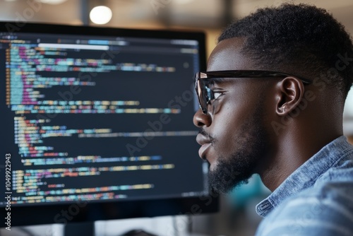 A man wearing glasses intensely focuses on coding at his computer, displaying dedication and technical expertise in a modern office setting.