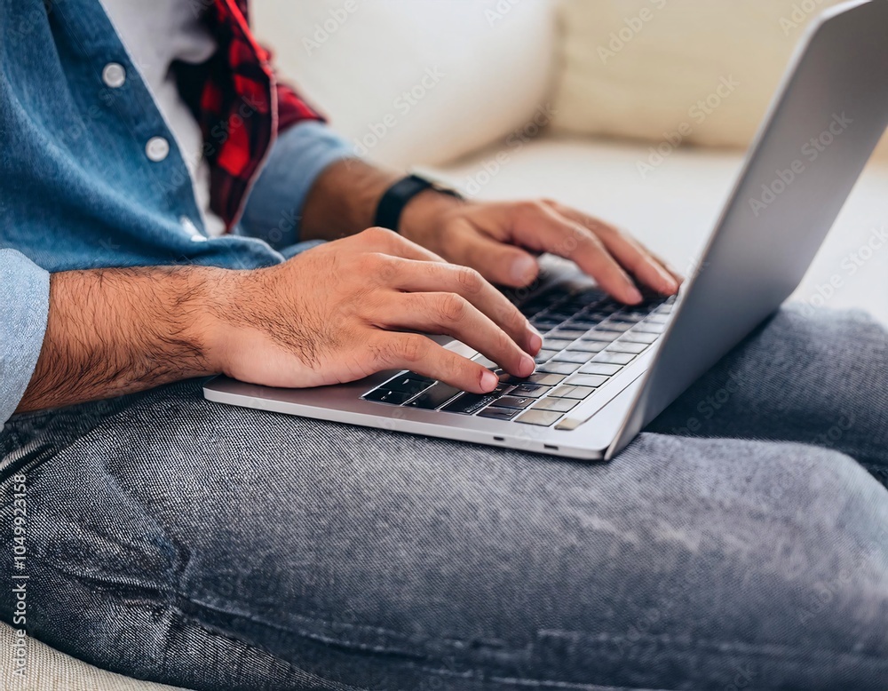 Naklejka premium This close-up image captures a male's hands skillfully typing on a laptop in a cozy home environment.