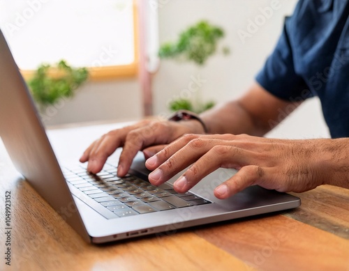 This close-up image captures a male's hands skillfully typing on a laptop in a cozy home environment.