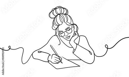 Girl write continuous line art drawing isolated on white background. Beautiful lady outline. Vector illustration	