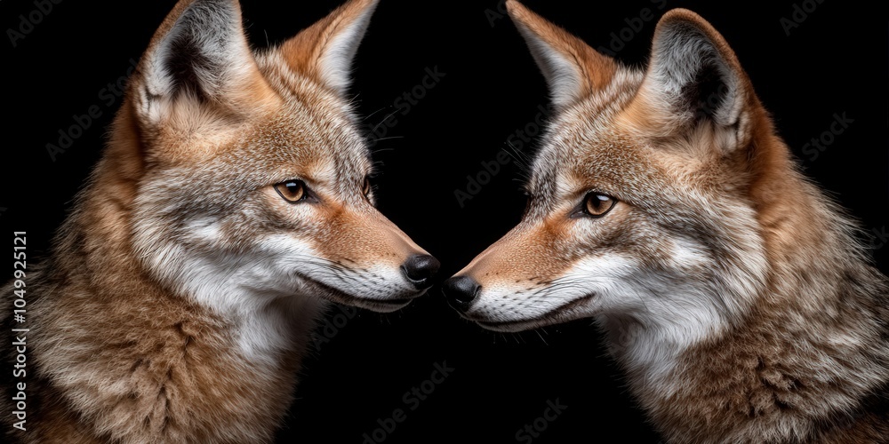 Fototapeta premium Close Up Portrait of Two Coyotes Facing Each Other on Black Background