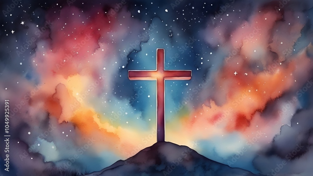 Cross under night sky, watercolor painting Cross under night sky, watercolor painting